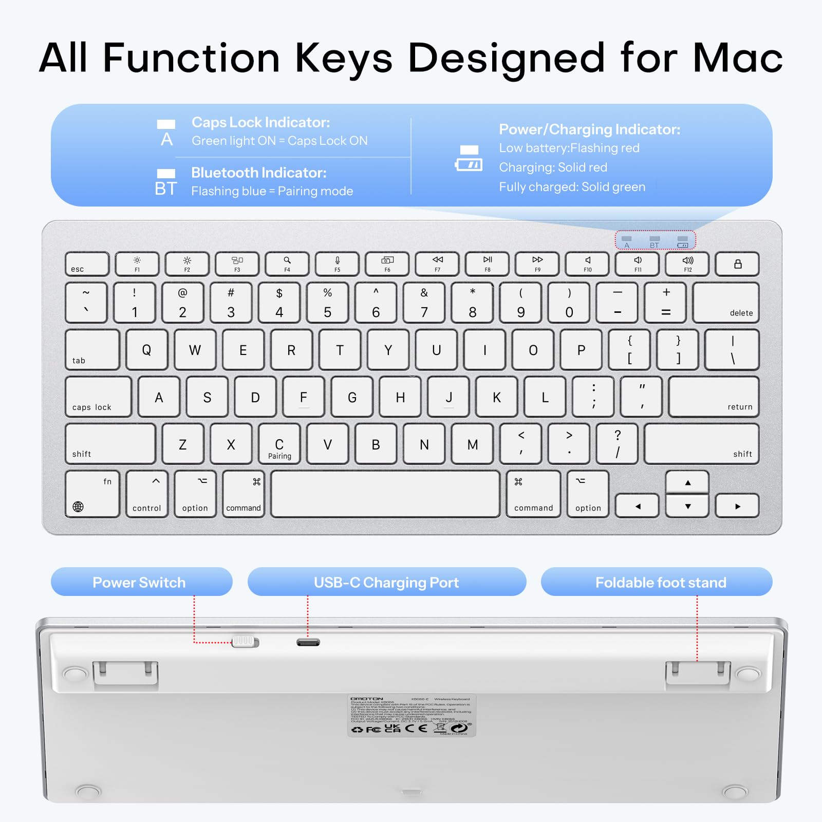 OMOTON Rechargeable Keyboard for Mac, mini Compact Wireless (No Numeric Pad), Stable Bluetooth Connection, Ergonomic Design, Keyboard Compatible with MacBook/iMac/Mac mini - Silverwhite — view 5
