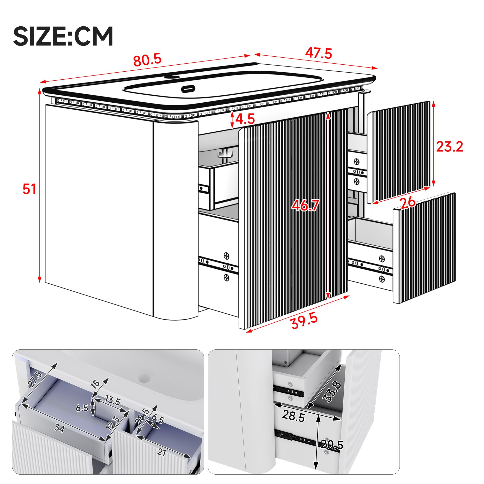wandhängender Waschtischunterschrank, LED-Radar-Bewegungssensorleuchte, geräuscharme Schubladen, Anti-Stoß-Design, einteiliges Waschbecken (80.5×47.5×51cm (Grün))