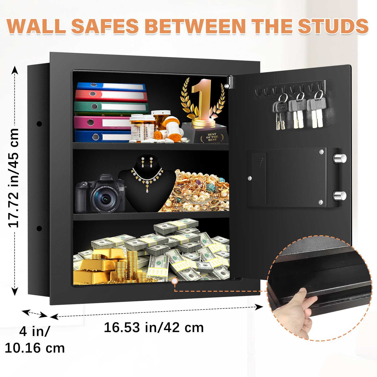 Coffre-fort mural de 45 cm de haut avec compartiment inférieur caché et serrure à combinaison, ignifuge pour documents, argent, armes à feu, objets de valeur