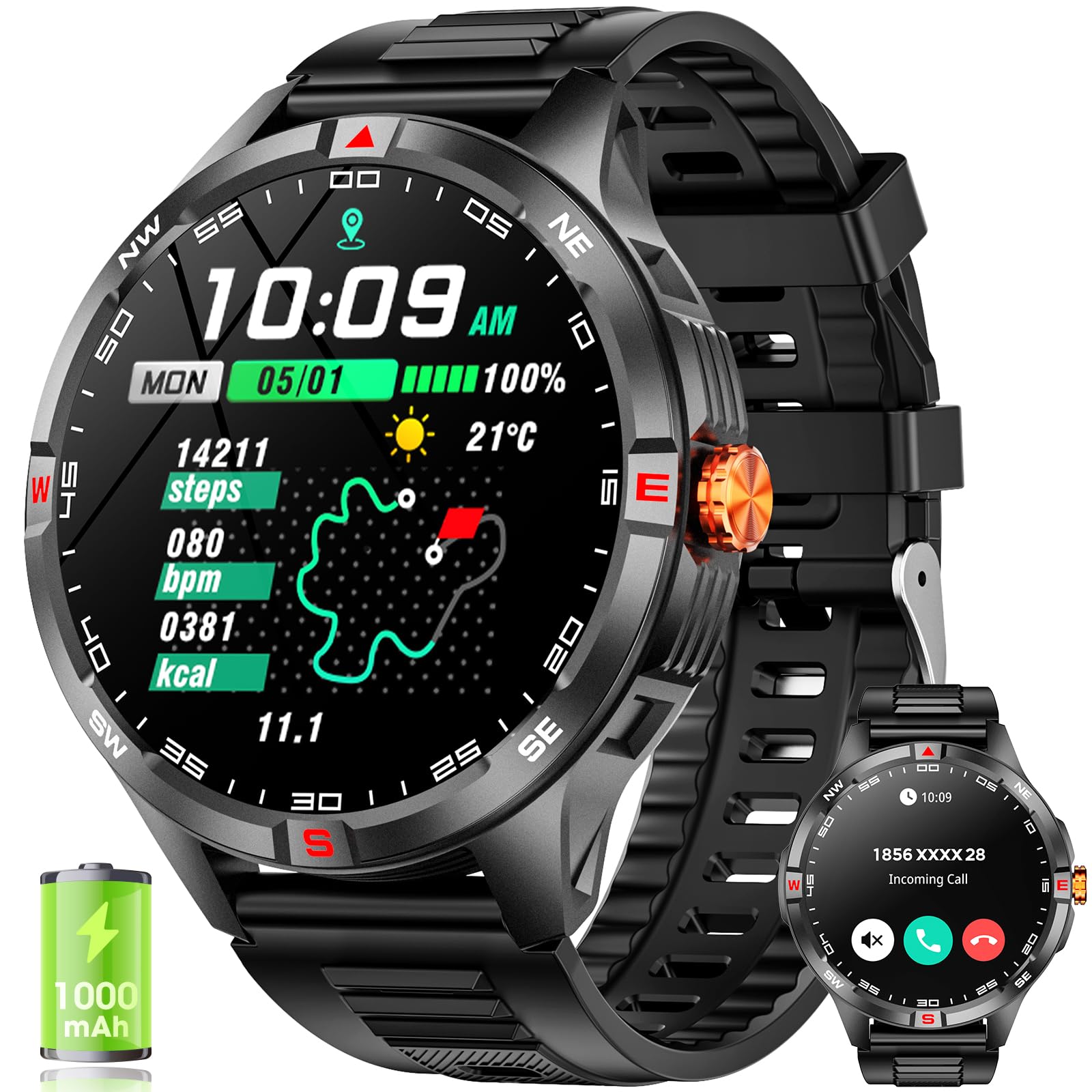 Reloj inteligente militar para hombres, reloj inteligente de batería de 1000 mah, pantalla de alta definición de 1,46 pulgadas con teléfono de respuesta / llamada, fitness de varios modo (Negro)