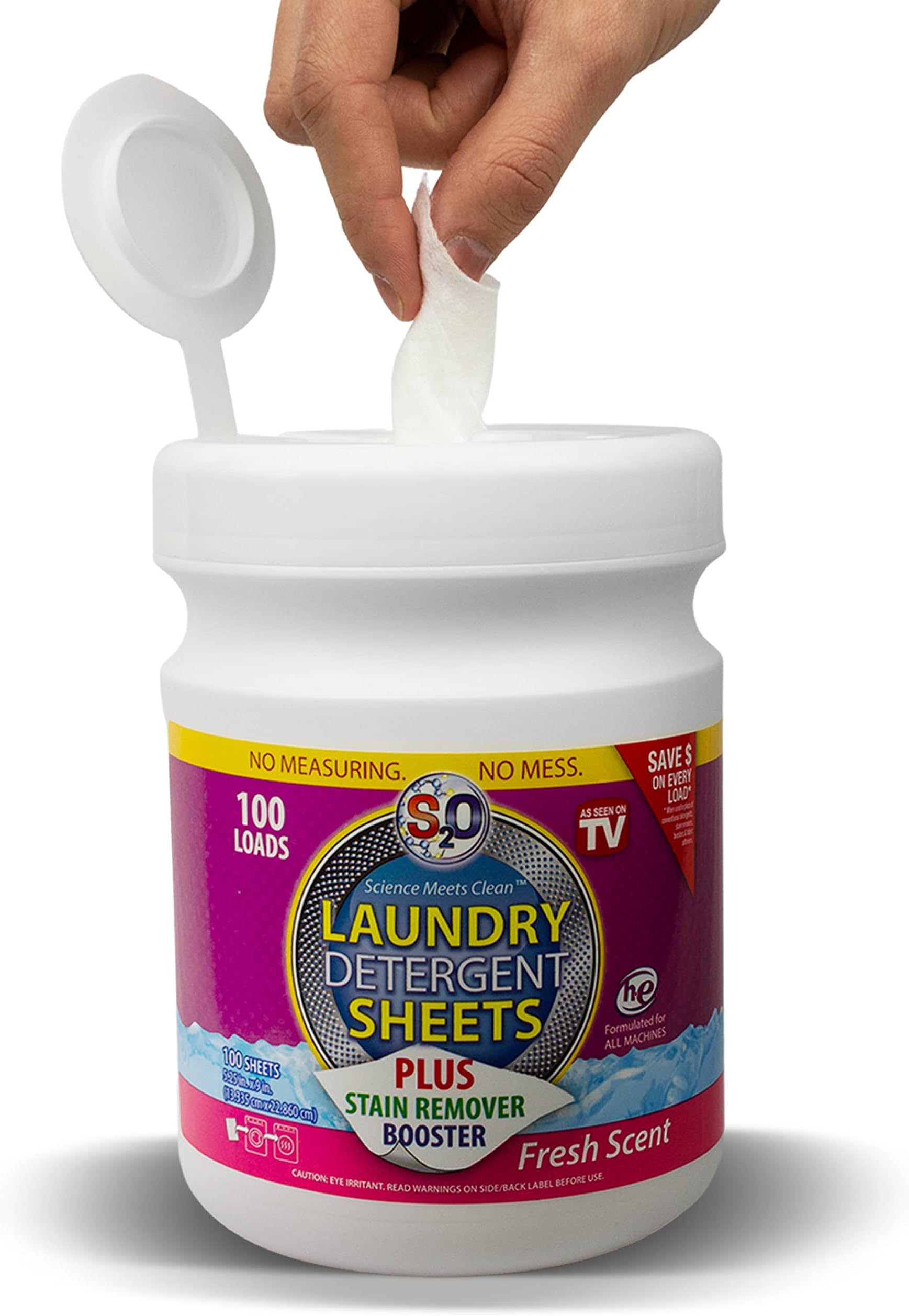 S2O Fresh Scent Laundry Detergent and Stain Remover Sheets | 100 Pre-Moistened Laundry Detergent Sheets for Pre-Treatment, Travel and Washing Machine | Safe for Sensitive Skin | Mess Free