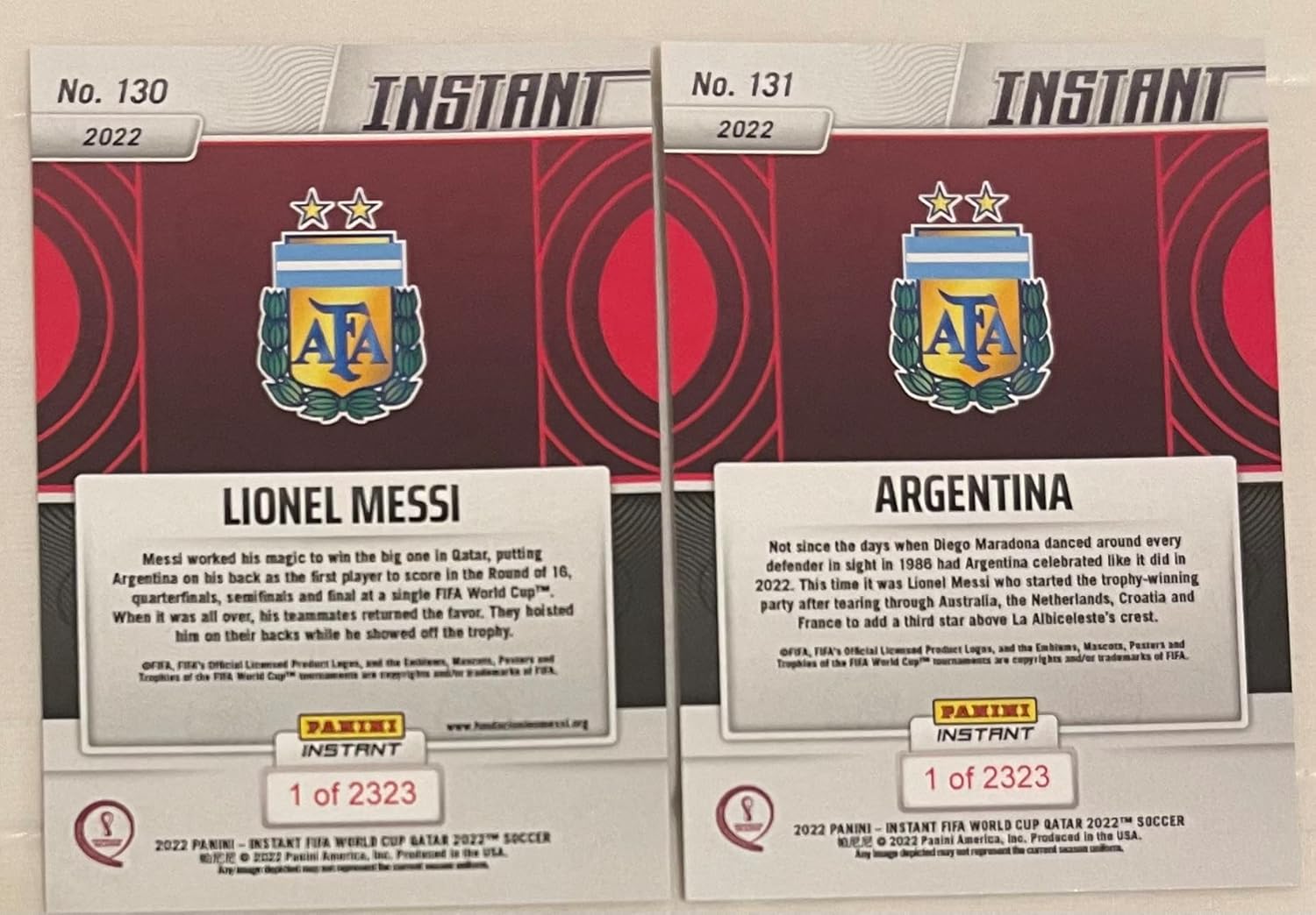 2022 Panini Instant World Cup Champions Argentina Team Set -12 Total Cards including Lionel Messi, Julian Alvarez RC, Angel Di Maria, Alexis Mac Allister, Rodrigo De Paul, Enzo Fernandez RC, Nahuel Molina, Nicolas Otamendi, Cristian Romero, Nicolas Tagliafico, Emiliano Martinez and the Starting 11 Photo Card -Soccer Trading Cards- Argentina - Print Run of Only 2323 Team Sets Produced!
