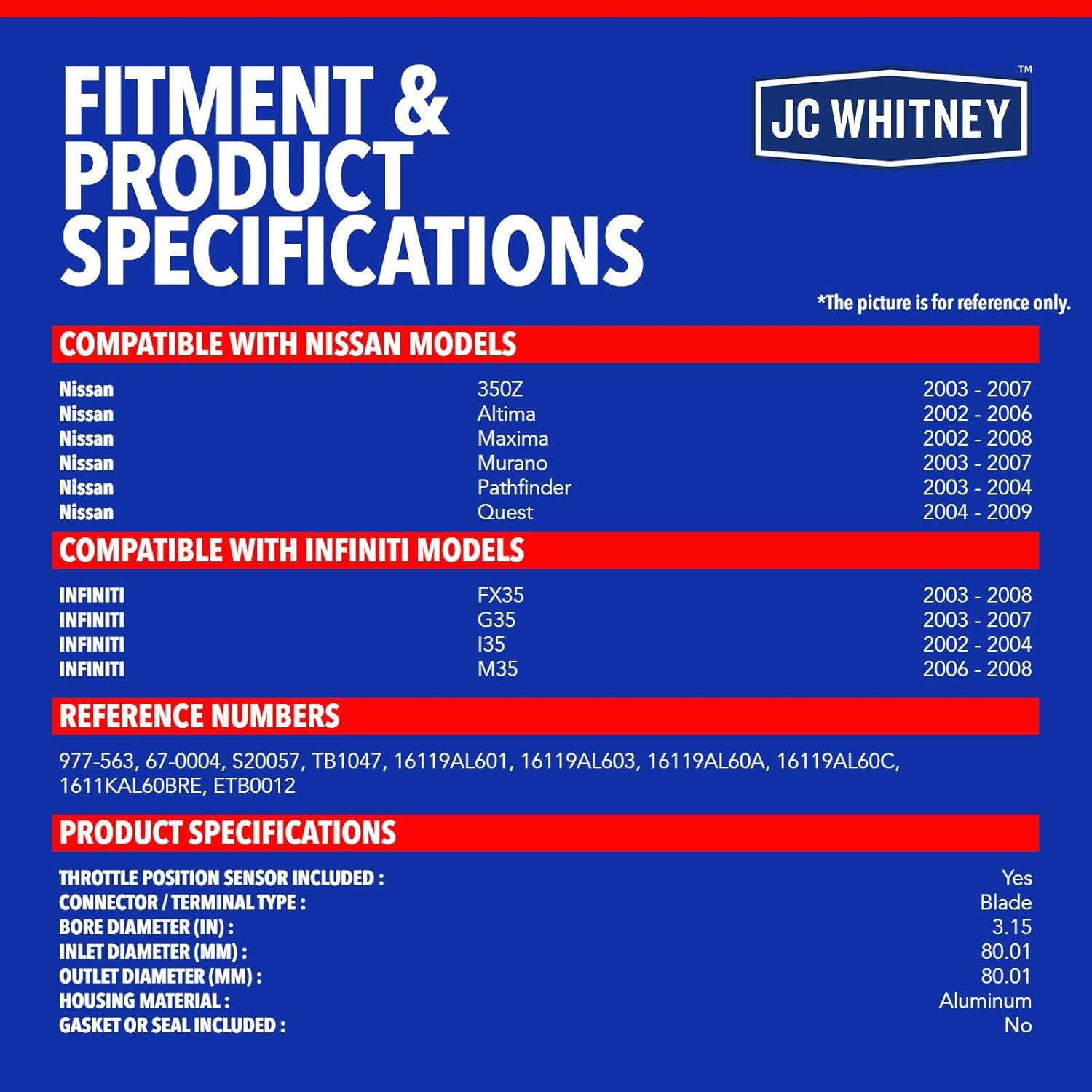 JC Whitney JFBAJCWTHB00069 Throttle Body - Compatible with Altima 2002-2006, Murano 2003-2007, Pathfinder 2003-2004, Maxima 2002-2008, Quest 2004-2009, INFINITI G35 2003-2007 - 3.5L