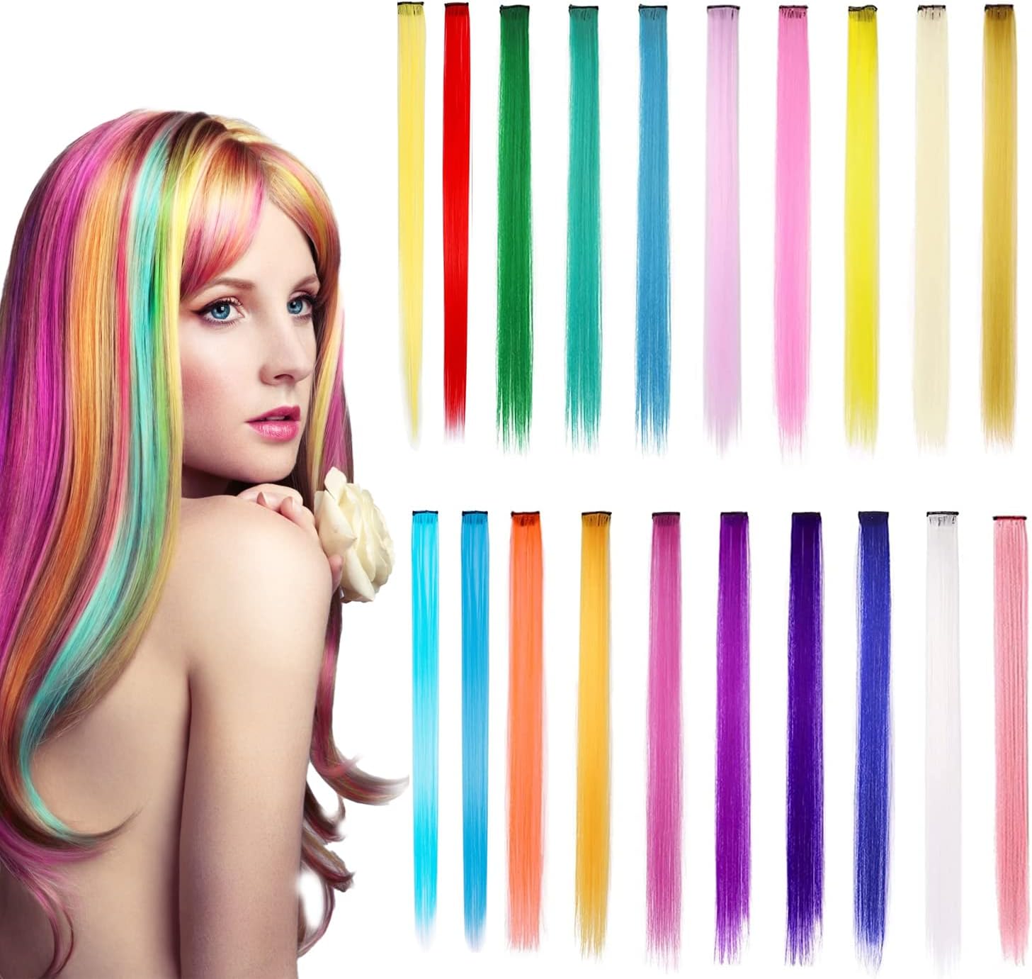 JZSColored Hair Extensions Multi-colors Long Straight Hair Extensions Girls Women Accessories for Cosplay Dress Up Fashion Party, 20 Pcs