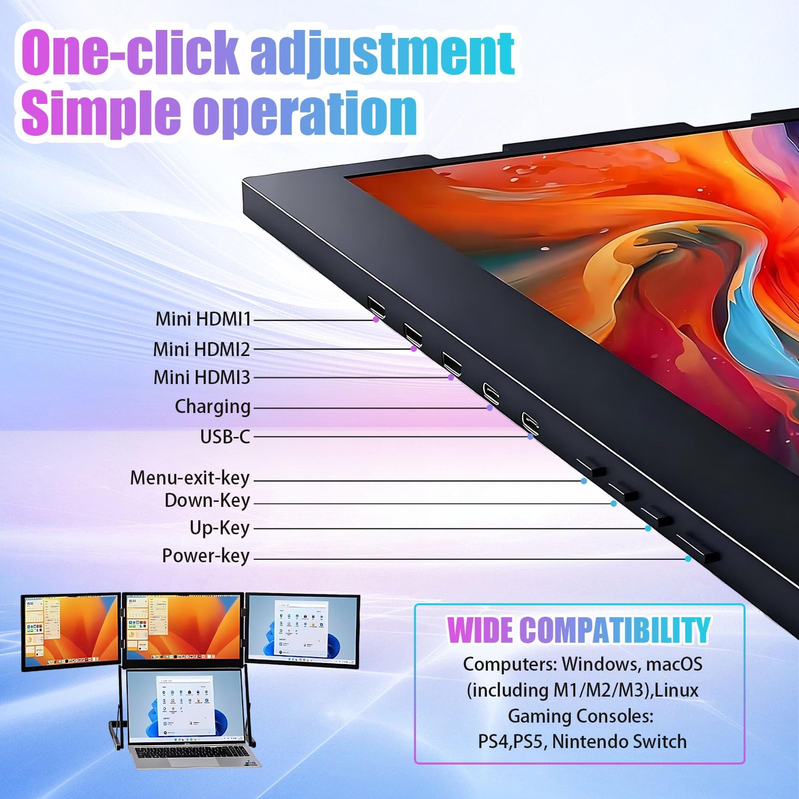 Monitor Portatile per Laptop 15,6 Pollici FHD 1080p Espansione Schermo per Laptop Ideale per Multitasking, Lavoro Remoto e Viaggi Di Lavoro con Tre Schermi