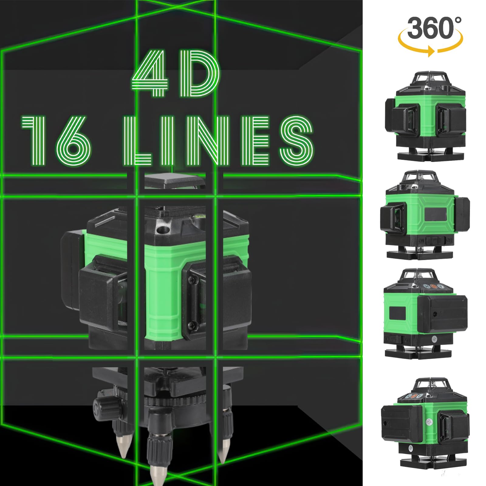 Nivel Láser Autonivelante 360° x 4 Grados Verdes - 4D 3° Tank High Accuracy Rotativo con IP54 Anti-polvo y 2 Baterías