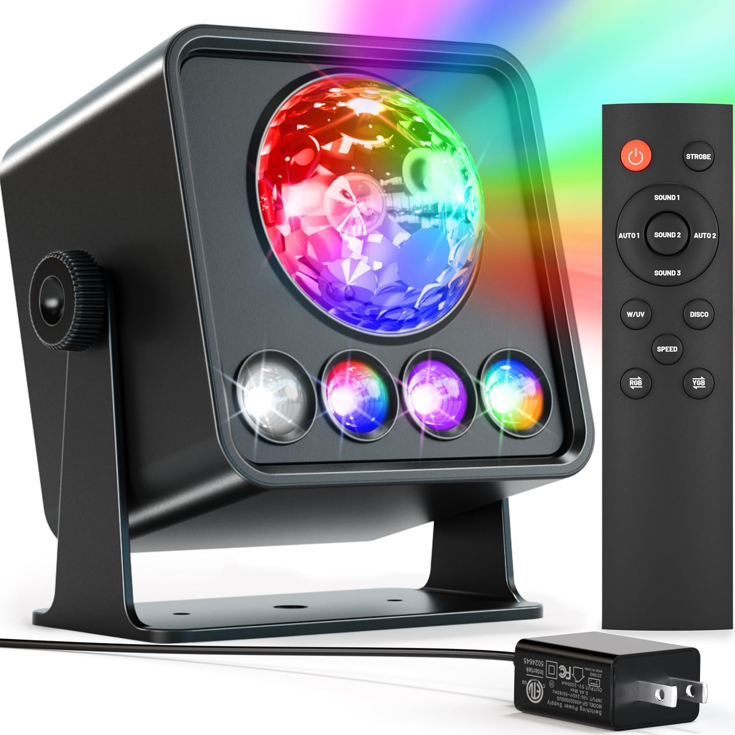 Disco Ball Party Lights Disco Light Sunset Lamp Projector with White+RGB+UV+YGB Modes LED Strobe DJ Stage Lights for TIK Tok Live Photography Parties Home Room Dance Birthday Christmas Halloween Décor