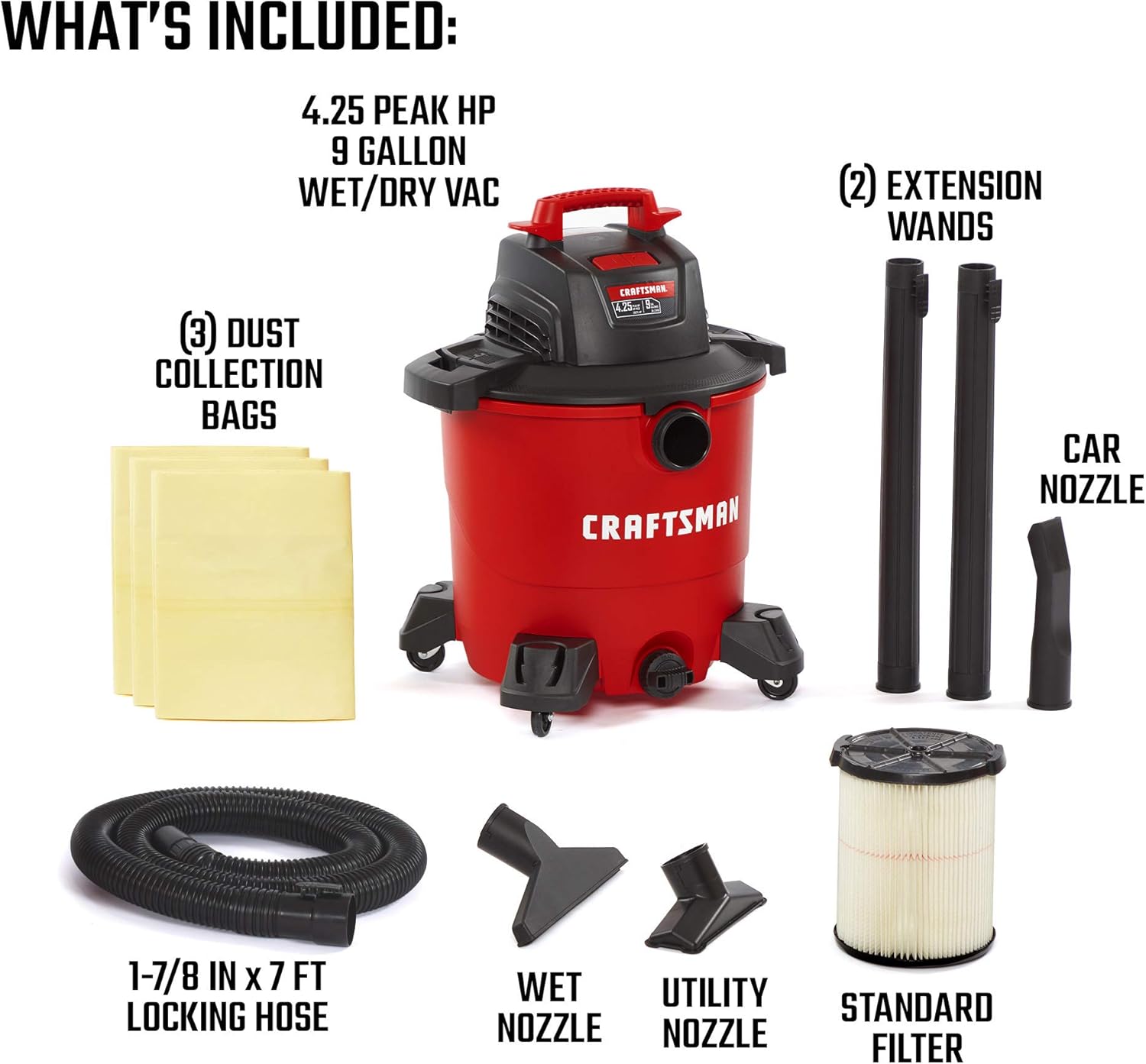CRAFTSMAN CMXEVBE17590 9 Gallon 4.25 Peak HP Wet/Dry Vac, Portable Shop Vacuum with Attachments and Additional Dust Collection Bags