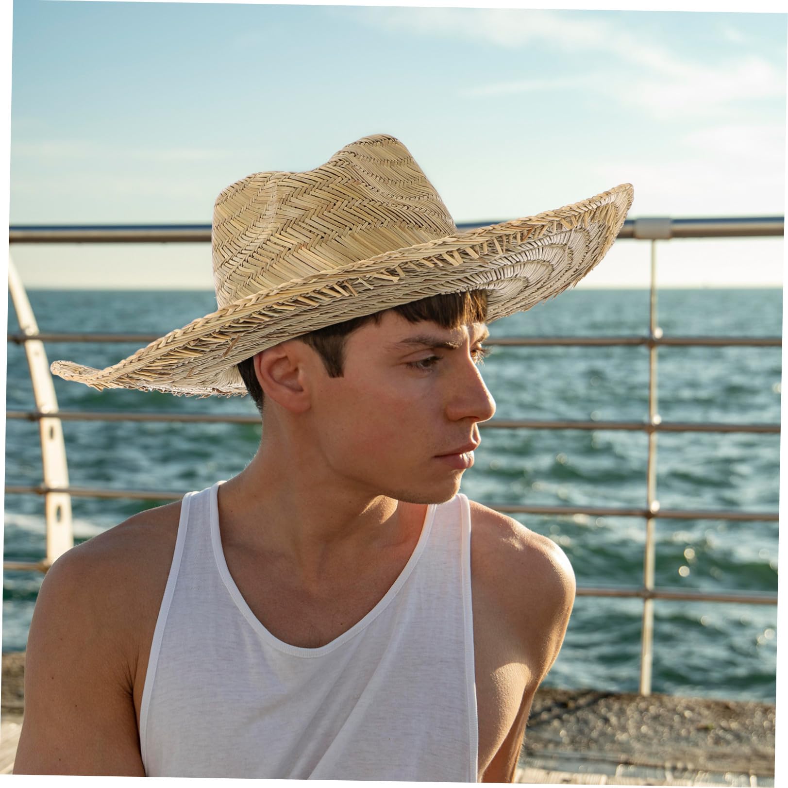 Cappello da Spiaggia Estivo da Uomo in Paglia a Larga Protezione UV, Cappello Parasole Casual Leggero e Traspirante, per Vacanze, Escursioni e attività all’Aperto