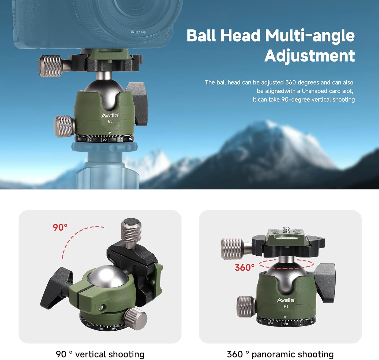 Avella V1 DSLR Camera Tripod Ball Head 38MM, 360 Degree Swivel,U-Shaped Groove Design, for Canon Nikon Sony Olympus Panasonic DSLR Camera-Green