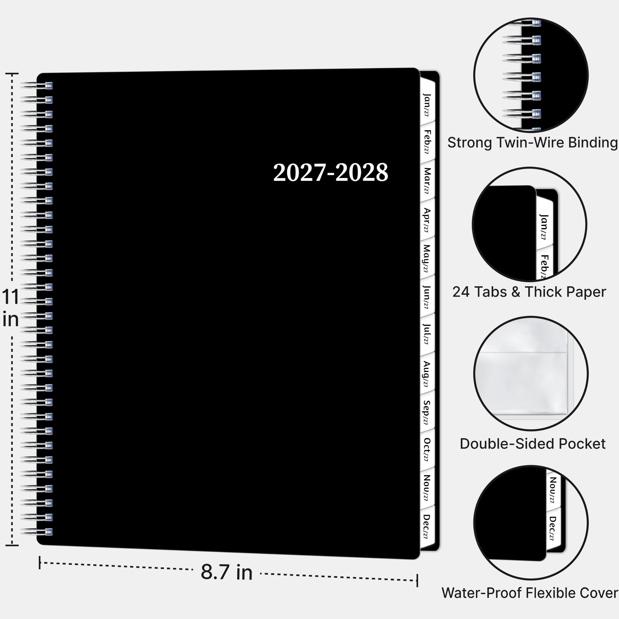 Agenda mensile 2027-2028, calendario 2 anni, da gennaio 2027 a dicembre 2028, 21,6 x 27,9 cm, agenda a spirale grande, 24 mesi, con linguette e tasca, copertina flessibile, organizer per ufficio, casa