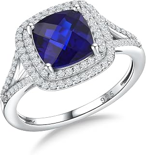 RANDES Cushion Cut Birthstone Ring for Women - 925 Sterling Silver Double Halo Created Sapphire Engagement Ring Sizes 6-10