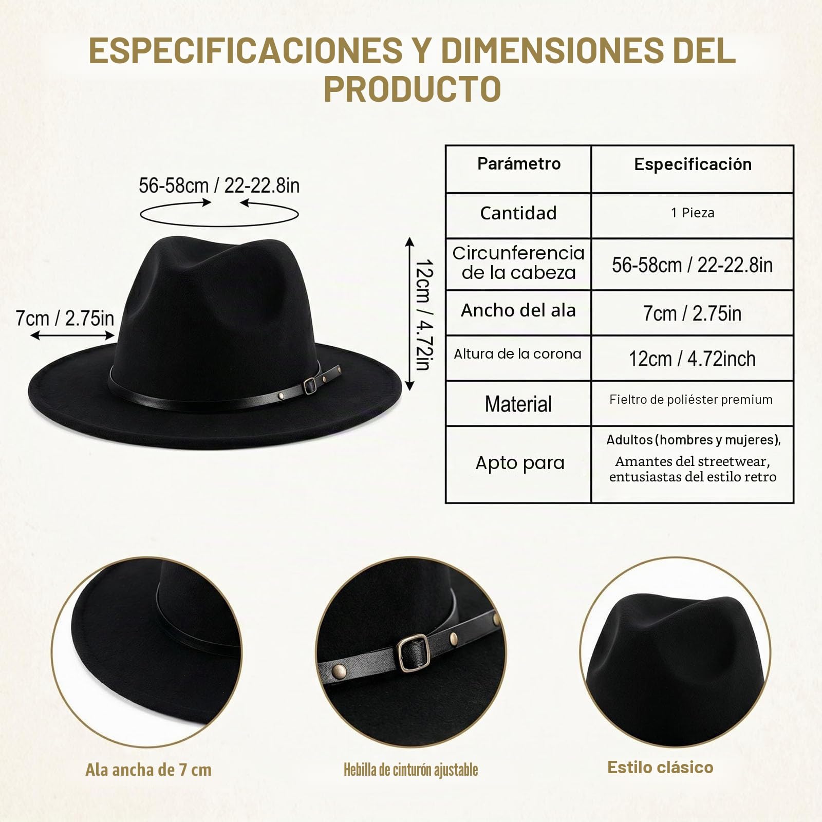 QUUPY Sombrero de jazz clásico para mujeres y hombres, sombrero estilo fedora de ala ancha con hebilla de cinturón de cuero, sombrero de fieltro de Panamá Gatsby, color negro