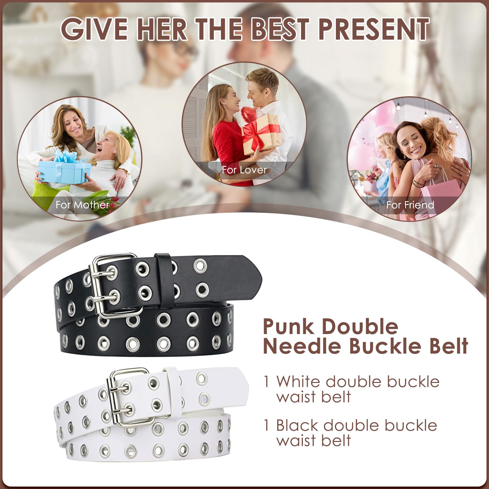 2 Piezas Cinturón para Niña, Cinturones de punk rock para hombres y mujeres, Cinturón de Cuero de PU Moda, Accesorios de Vestir, Cinturón de Doble Ojal, para jeans, pantalones, rockwear
