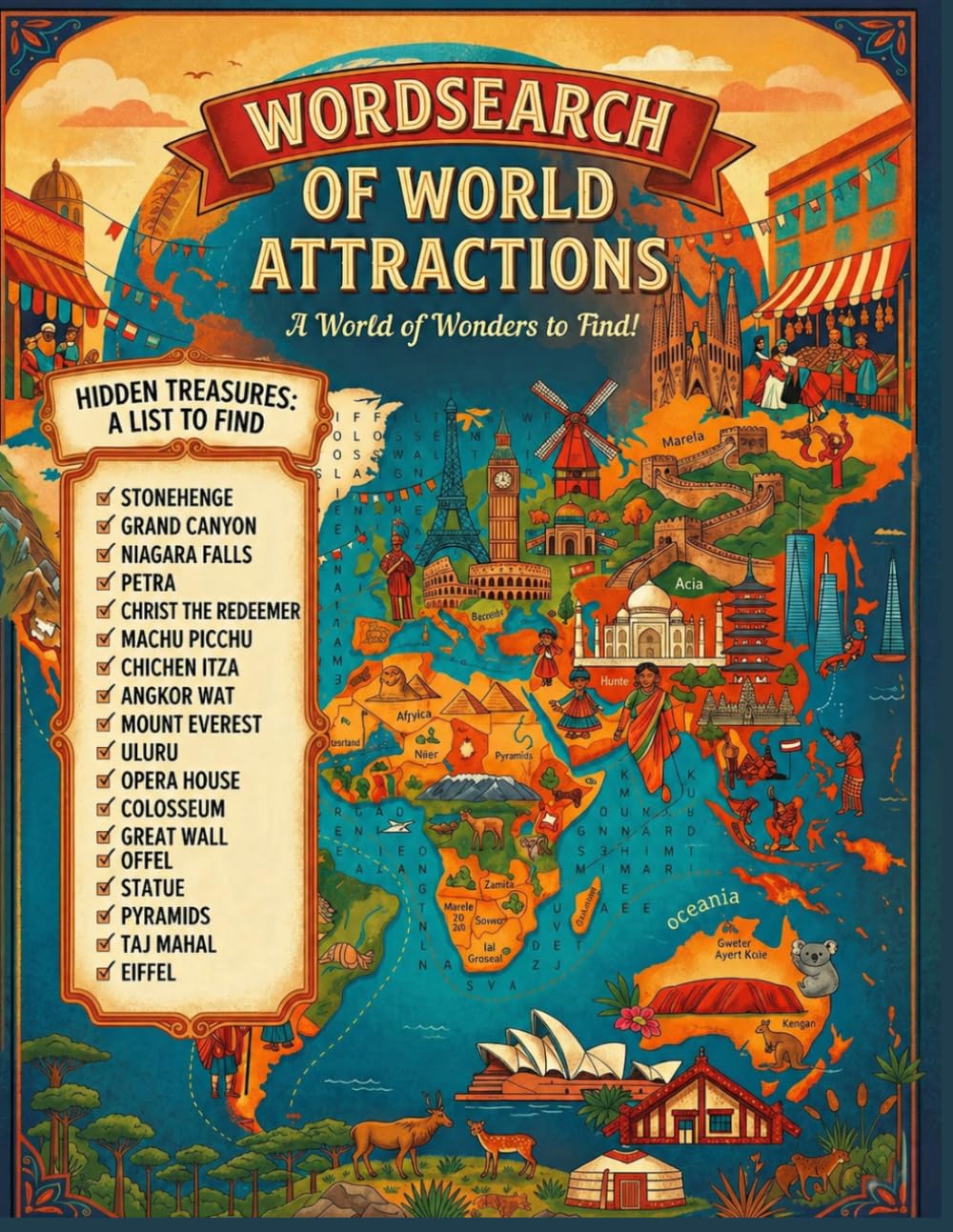 WORDSEARCH OF WORLD ATTRACTIONS: "100 Themed Puzzles Featuring 50 Countries and 50 Cities – Includes Solutions" for Adults & Teens