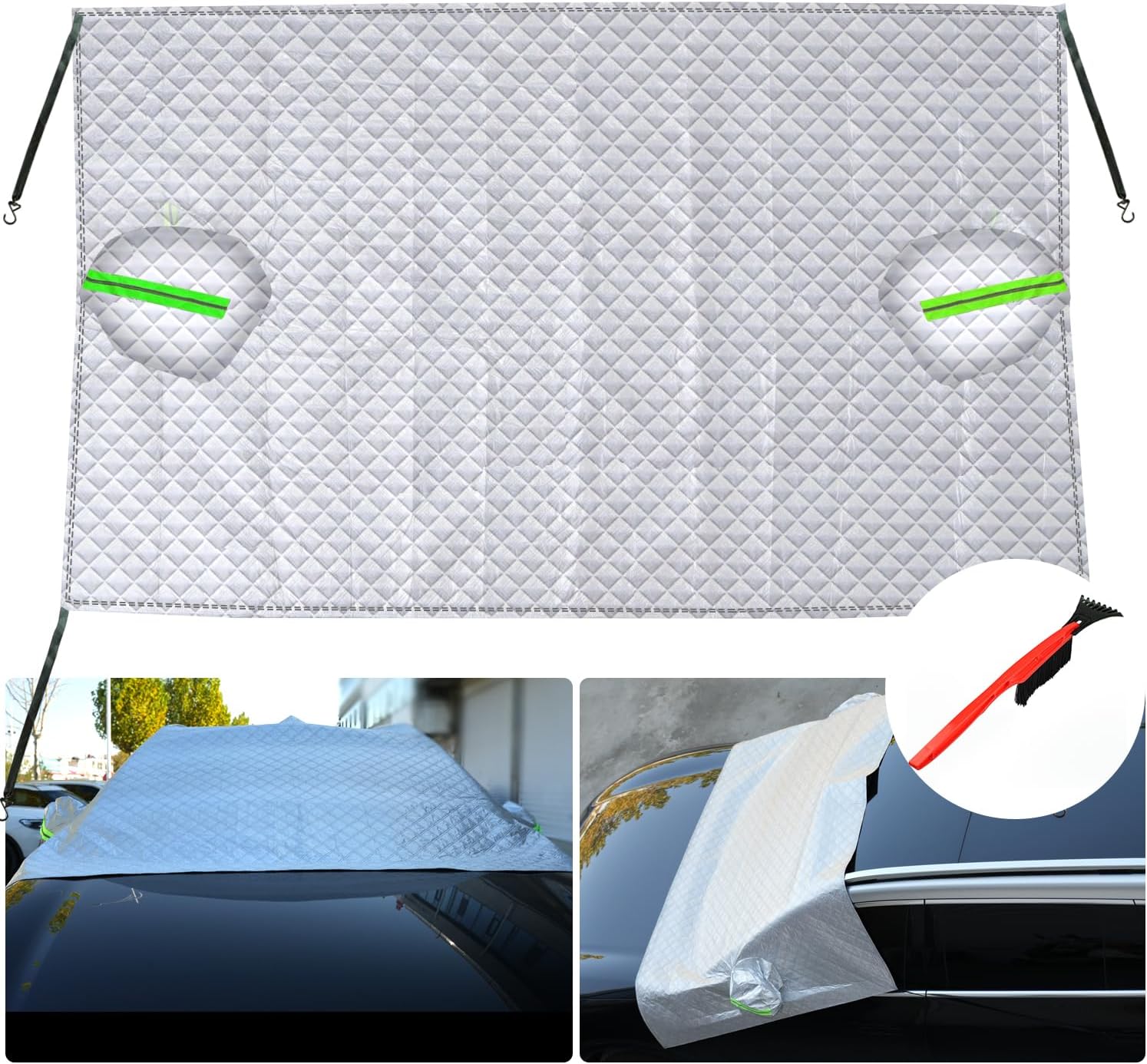Windshield Cover for Ice and Snow, 4-Layer Waterproof Windproof Foldable Windshield Snow Frost Guard Cover for Cars with Side Mirror Covers, for SUVS,Truck,Van Winter Car Accessories (92"x53")
