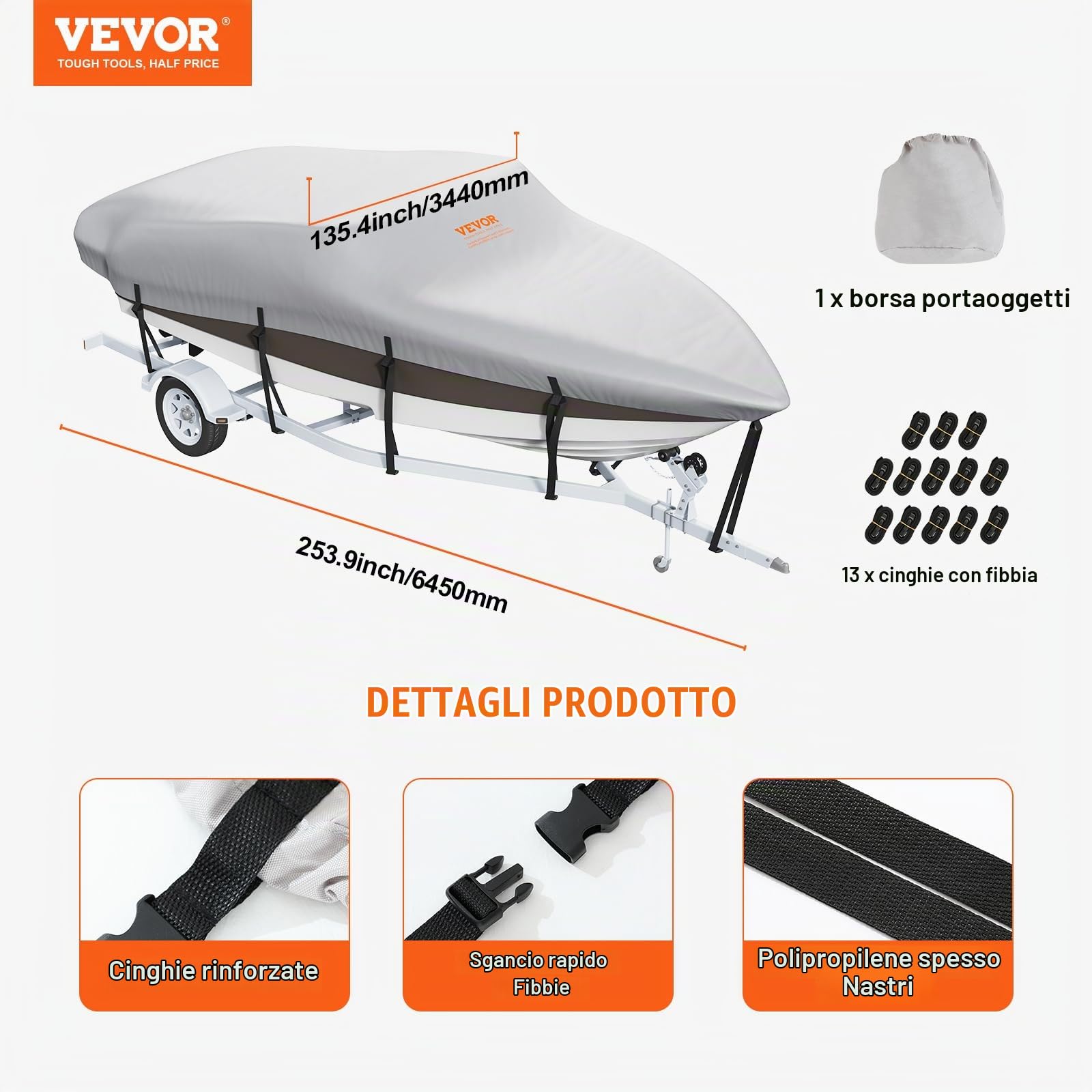 VEVOR Telo Copribarca Impermeabile Telo Copribarca Lunghezza 518-579cm Larghezza 243cm Scafo a V Telo Protettivo per Barca 600D Oxford Anti-UV con Borsa Barca a Motore da Traino Yacht