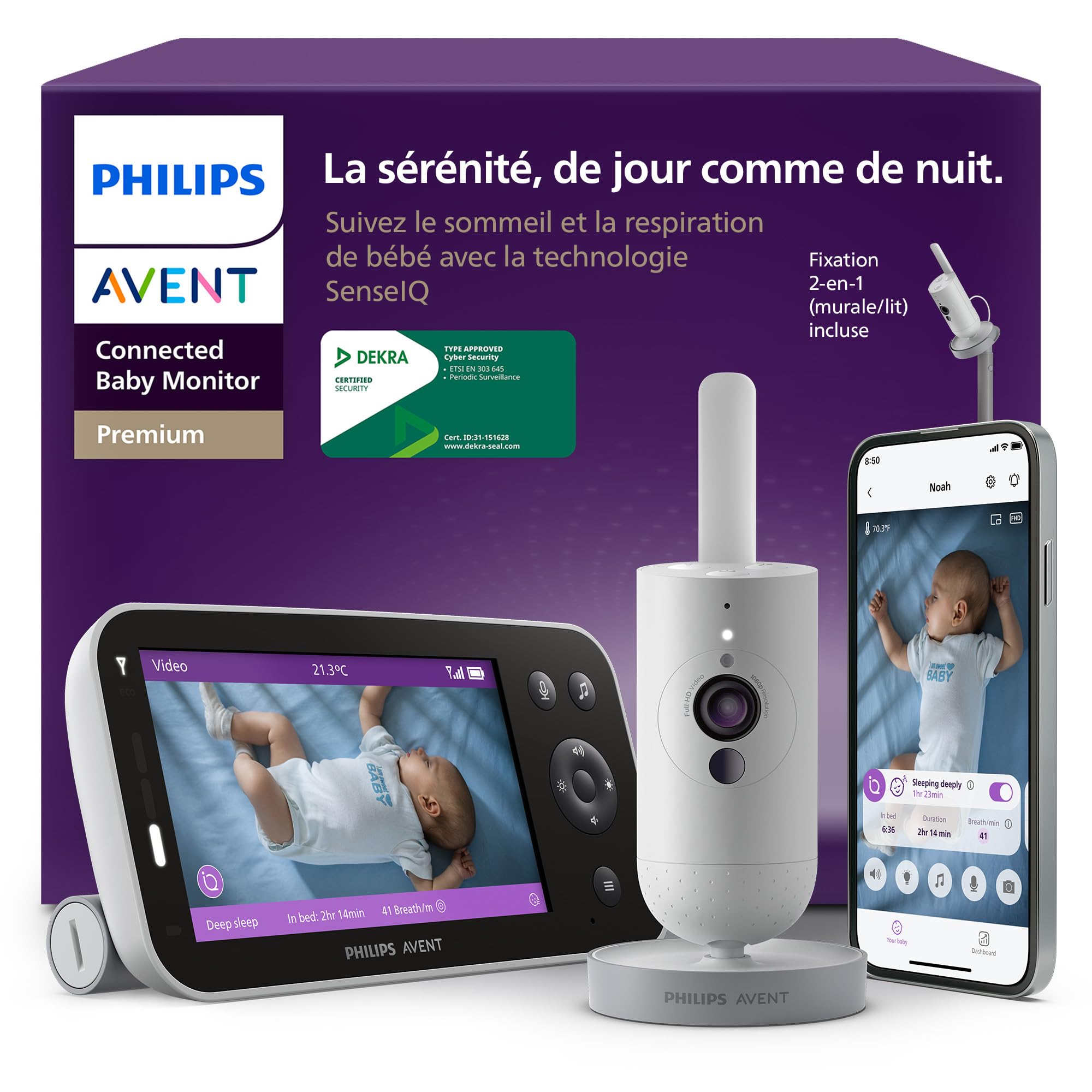 AVENT Philips Babyphone vidéo connecté HD, Moniteur Le Plus avancé à ce Jour, Suivi IA du Sommeil et de la Respiration, Application, Affichage Jour et Nuit Ultra-Clair, SCD973/26