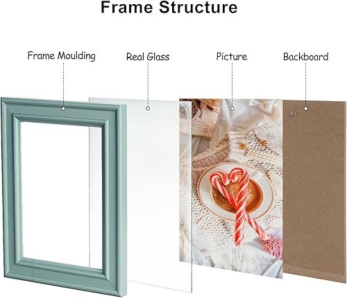 Miniatura 7 de Marco de fotos plegable de 4 x 6 pulgadas, doble horizontal, con bisagras, madera de pino azul verdoso con cristal real para mesa X3-LAN-2H46