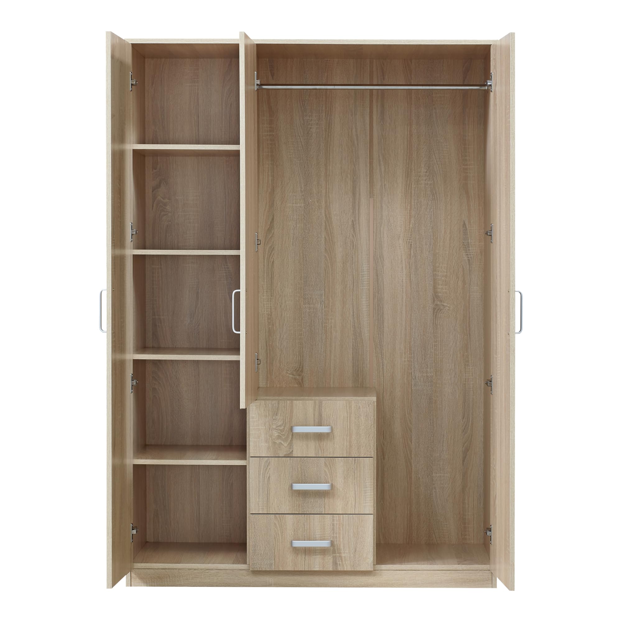 [en.casa] Armario Ropero Bodolz Guardaropa Armario de Almacenamiento con 3 Puertas 1 Perchero 5 Compartimentos 1 Espejo MDF 176 x 120 x 52 cm - Efecto Roble Sonoma