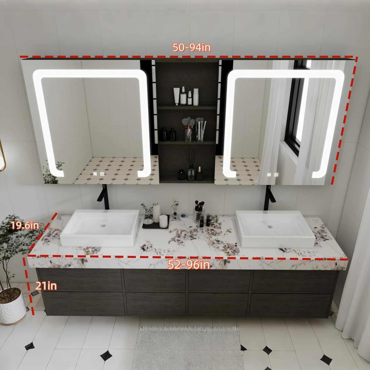 Double Bathroom Vanity with Sink - One Touch Lighting & Fog Free | Modern Bathroom Cabinets Wall Mounted has Heat Resistant Countertop, 8 Drawers (Style B, 56'')