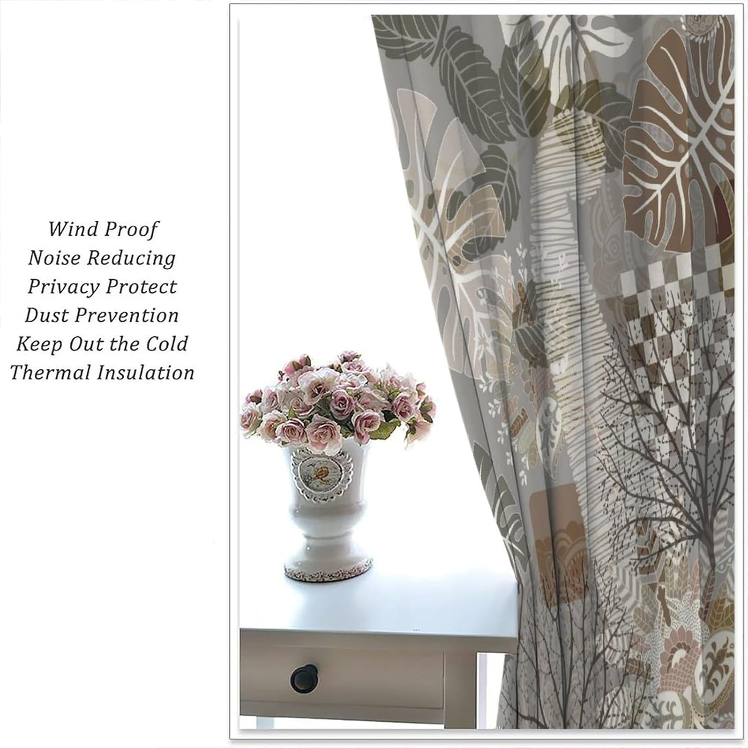 Gorgeous Floral Curtains, Brown Grey Retro Boho Exotic Ethnic Abstract Flower Leaves Seamless Pattern Drapes, Blackout Rod Pocket Window Treatments for Living Room Bedroom Bathroom Kitchen 42x45in
