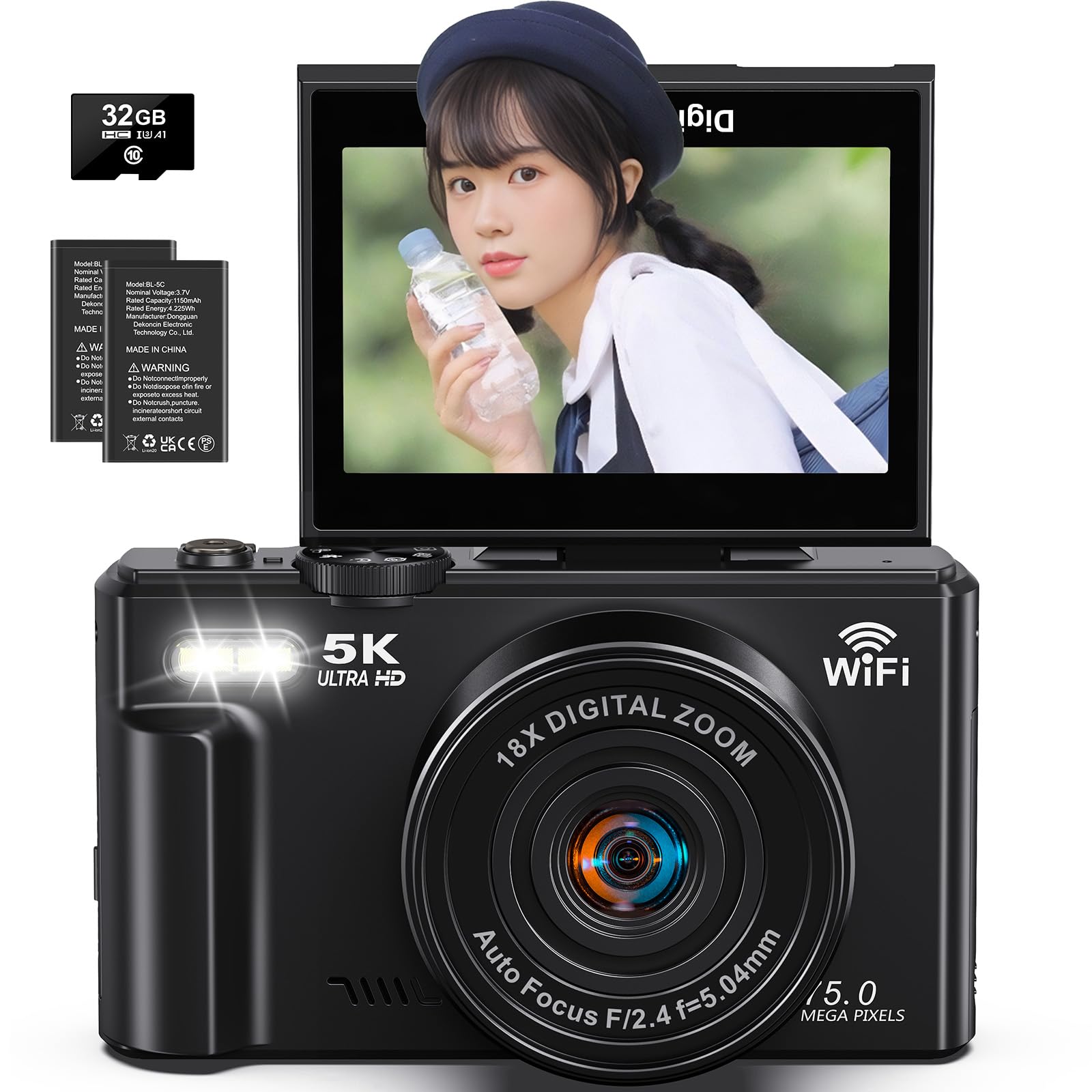 デジカメ 5K 7500万画素 Wi-Fi機能 18倍デジタルズーム AFオートフォーカス
