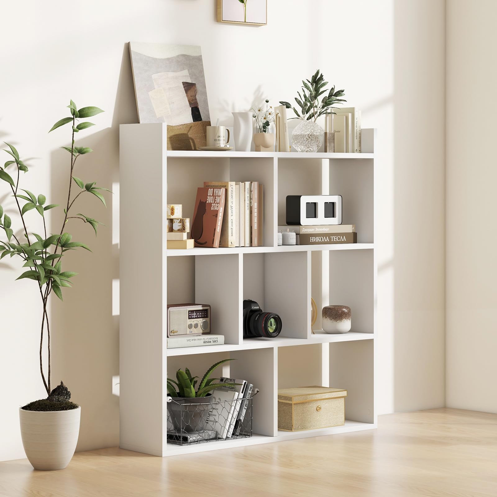 GOPLUS Librería de 7 Cubos Abiertos, Estantería de Madera de 3 Niveles con Kits Antivuelco, Mueble de Almacenamiento para Salón, Habitación Infantil, Estudio, Oficina, 80 x 20 x 90 cm (Blanco)