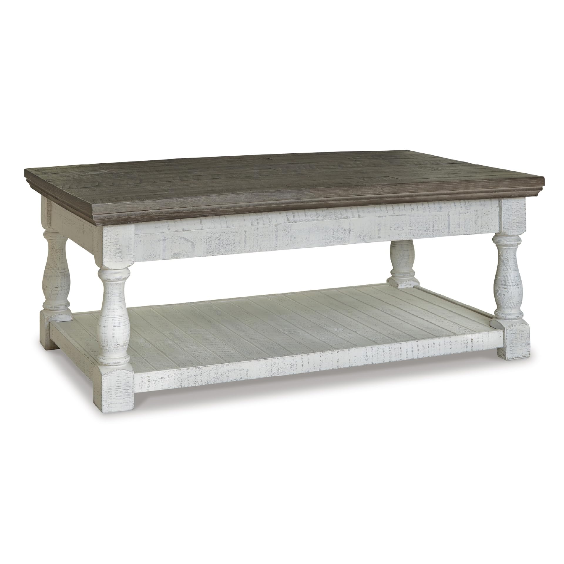 Signature Design by Ashley Havalance Farmhouse Lift Top Coffee Table with Fixed Shelf and 2 Hidden Storage Trays, Gray & White with Weathered Finish