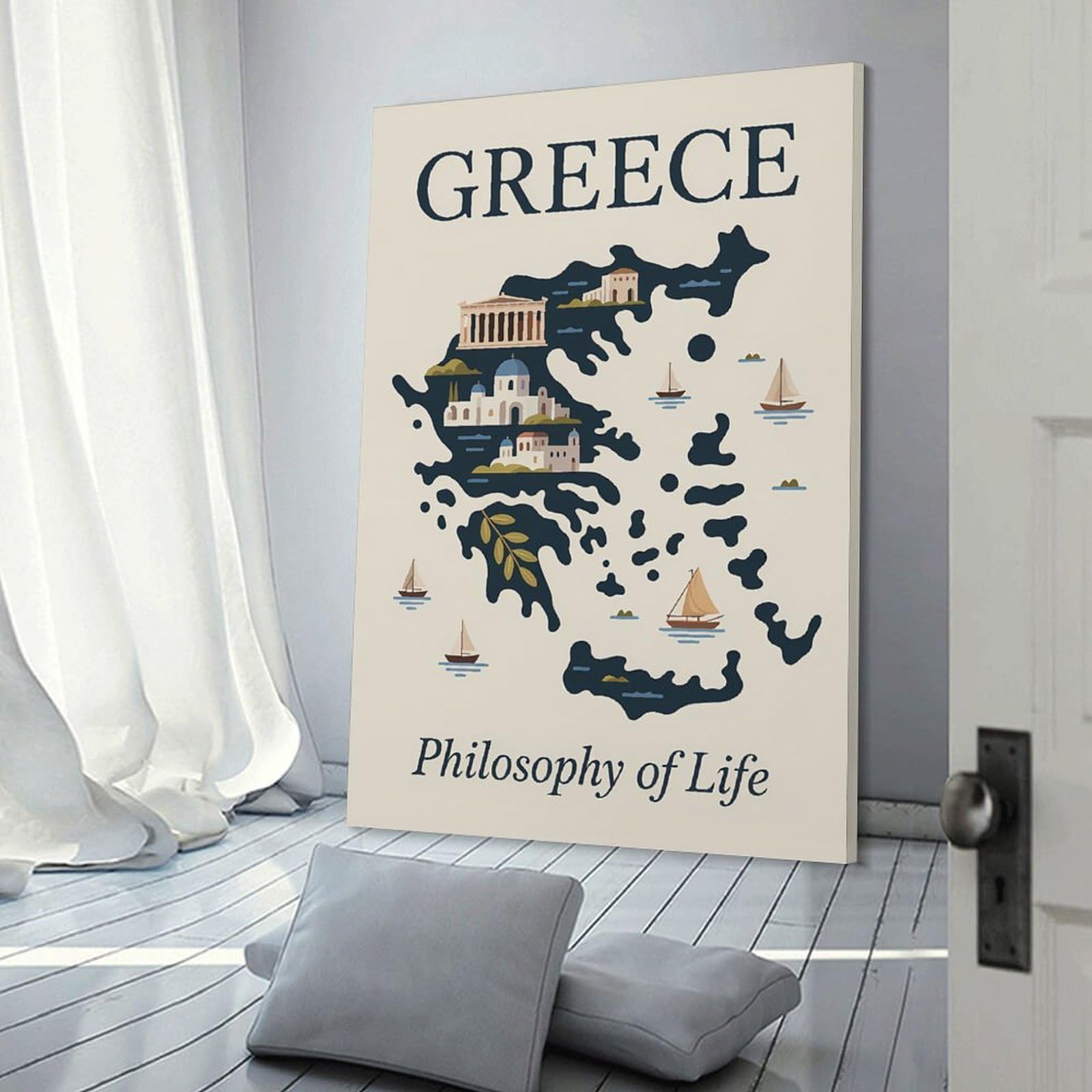 Junmoney Greece Philosophy of Life Map Canvas Wall Art 08x12inch(20x30cm), for Study, Office Or Focused Interiors, Home Office Artwork with Decorative Appeal