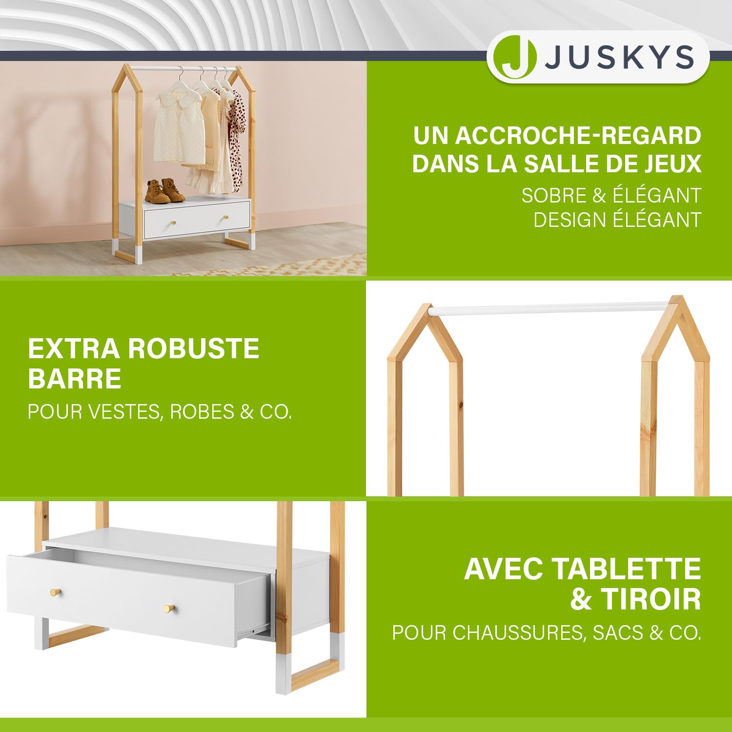 Juskys penderie Filla pour Enfants - Grand tiroir, Tringle à vêtements, étagère Ouverte - portemanteau en Bois pour Enfants - Filles et garçons - portemanteau Blanc