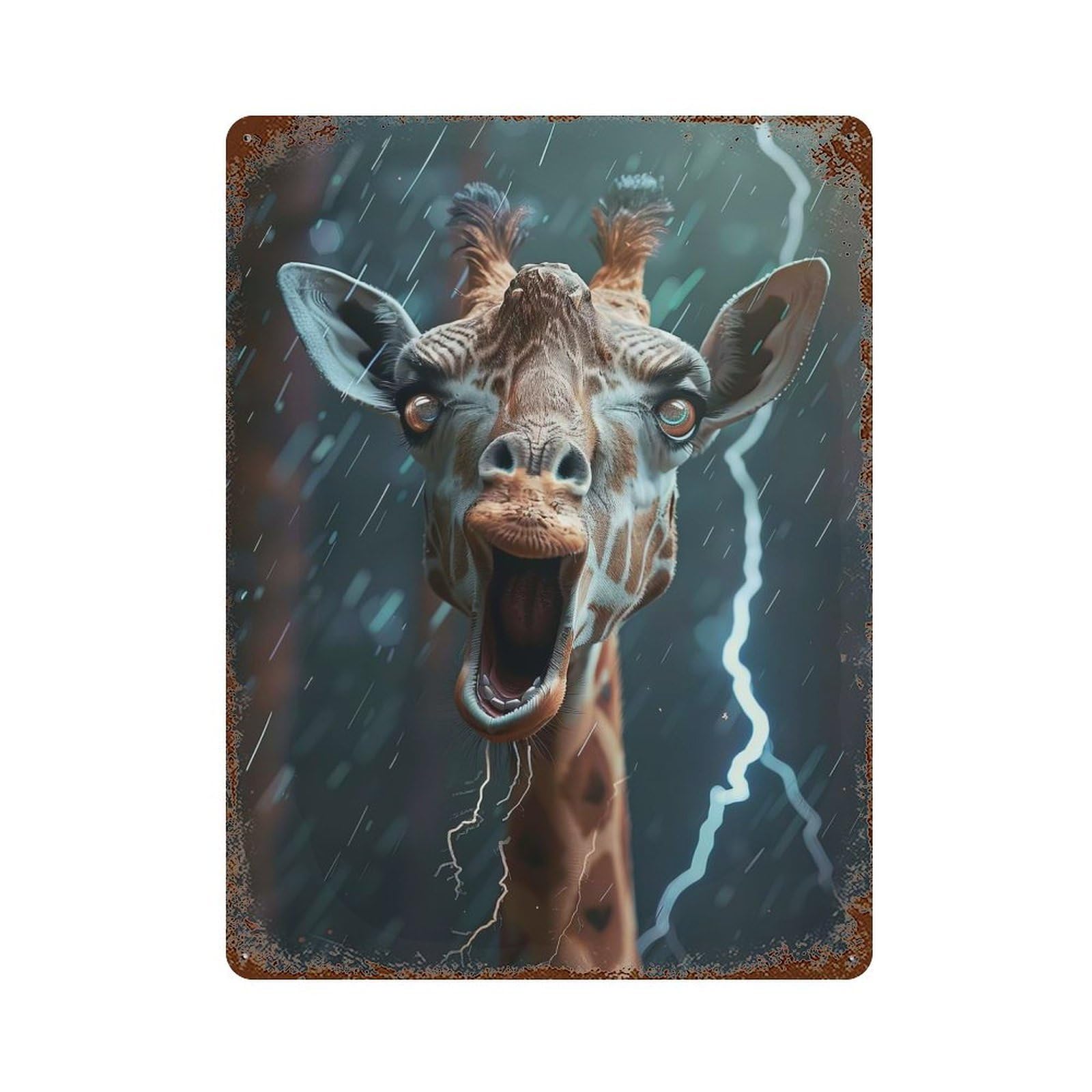 Giraffe Lightning Vintage Wall Sign 15.7"x11.8", Rust Effect Metal Decor for Basement, Hobby Room And Garage Decor