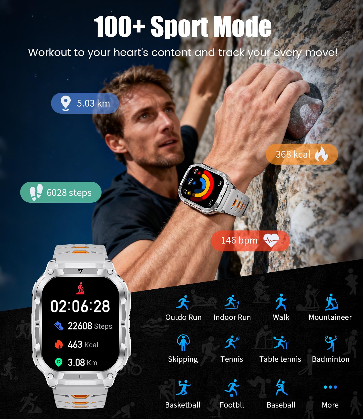 Smartwatch Uomo Militare con Chiamate Bluetooth, Notifica, 2,0"HD Display/Torcia/1000 mAh, 2 Cavi di Ricarica, 100+ Modalità Sportive Fitness Tracker Compatibile Android e iOS, IP68, Argento
