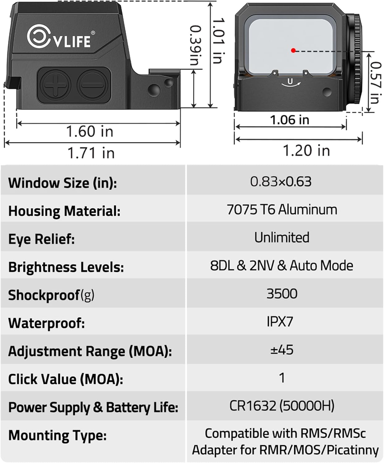 CVLIFE WildHawk Enclosed Auto-Brightness Red/Green Dot Sight for RMS RMSc, Circle & 2MOA Dot Motion Awake Reflex Sight Optic Scope for Compact Pistol, 3500G Shockproof, Adapter for MOS/RMR/Picatinny