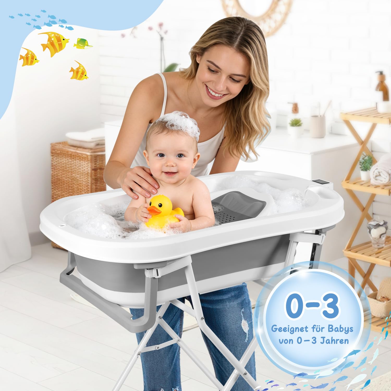 Bañera plegable para bebés con estructura y térmica, color gris con asiento de baño y termómetro extraíble, ahorra espacio, plegable para recién nacidos de hasta 3 años