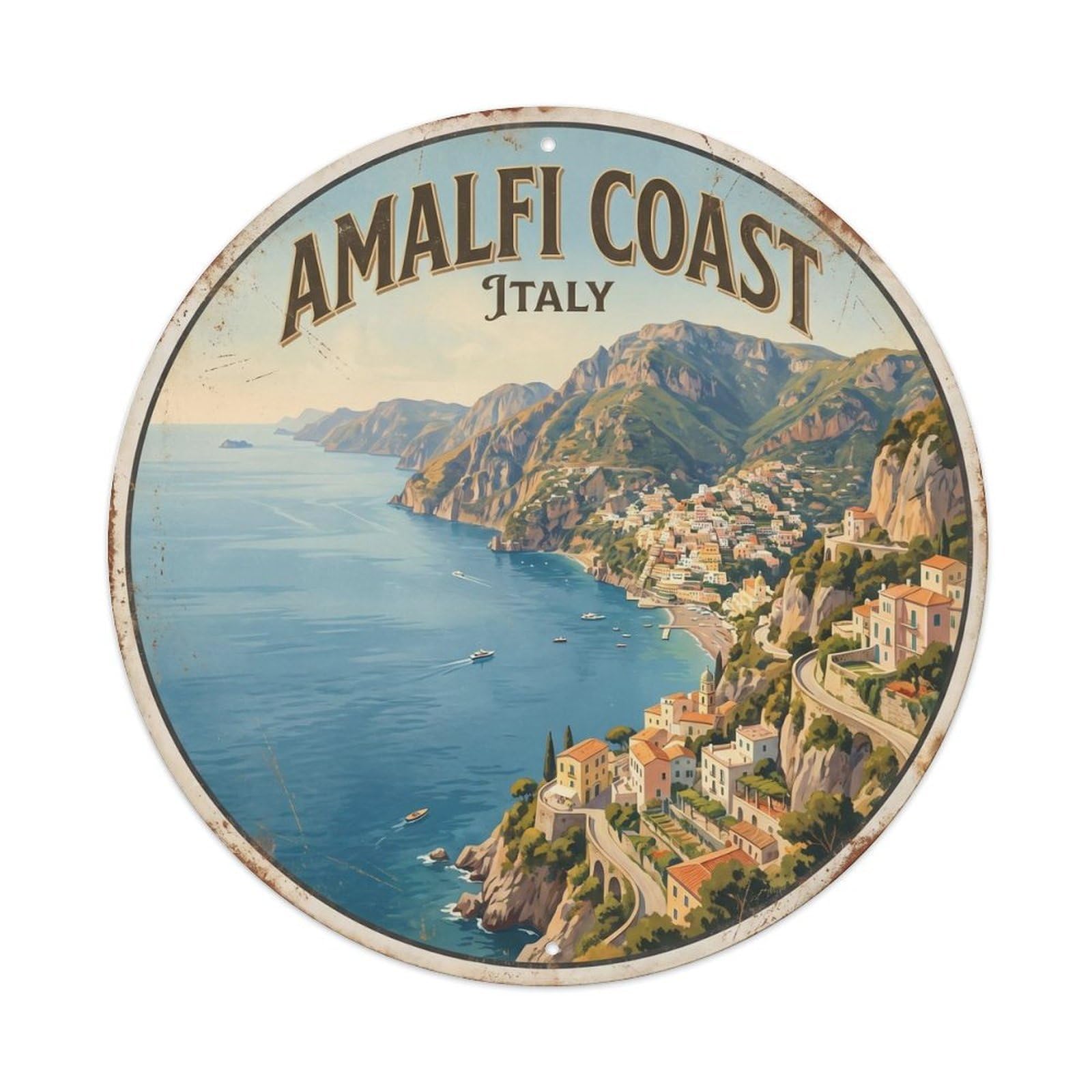 Vintage Travel Amalfi Coastal Panorama Destination Metal Tin Sign Plaque