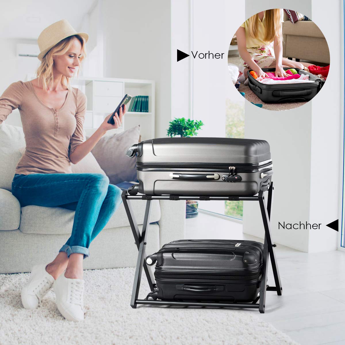 GYMAX Estante Plegable para Maletero, Portaequipajes Doble Capa, con 4 Correas Estables y Diseño de 2 Pisos, Estante de Equipaje Soporta hasta 60 kg, para Habitación de Huéspedes y Hotel (Negro, 2)