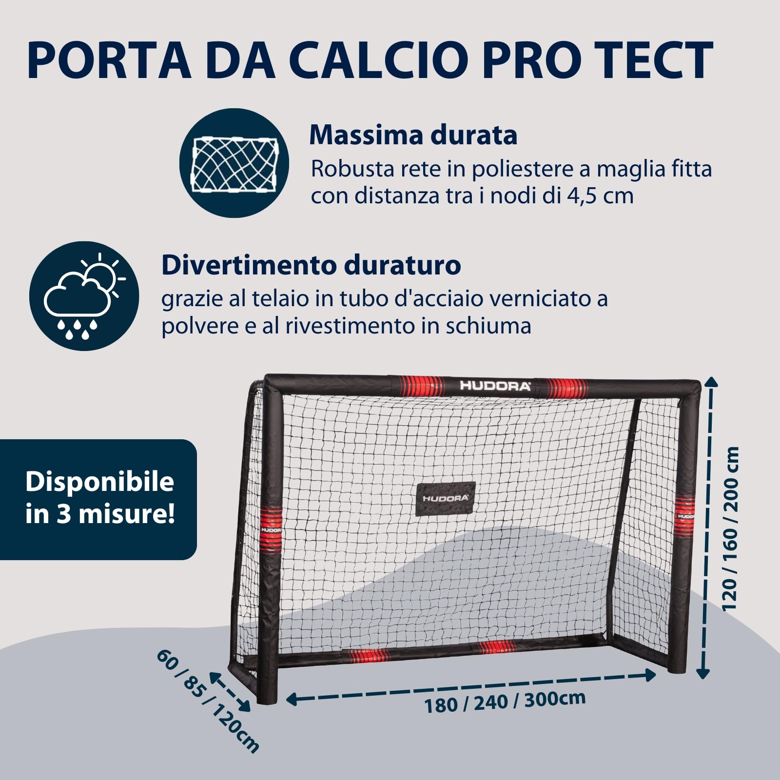 HUDORA Porta da calcio Pro Tect Grande, rivestita in gommapiuma con rete, antiurto