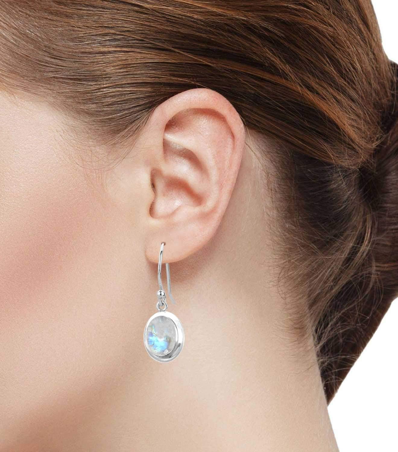 Handmade Genuine 925 Sterling Silver Drop Dangle Earring Natural Gemstone Amber, Agate, Lapis, Amethyst Oval Boho Jewelry For Women