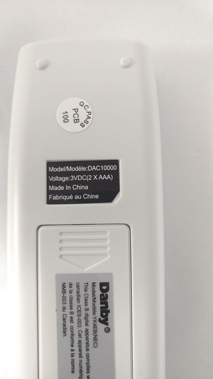 Close-up of the label on the back of the Danby YK4EB remote control, showing model and battery information.