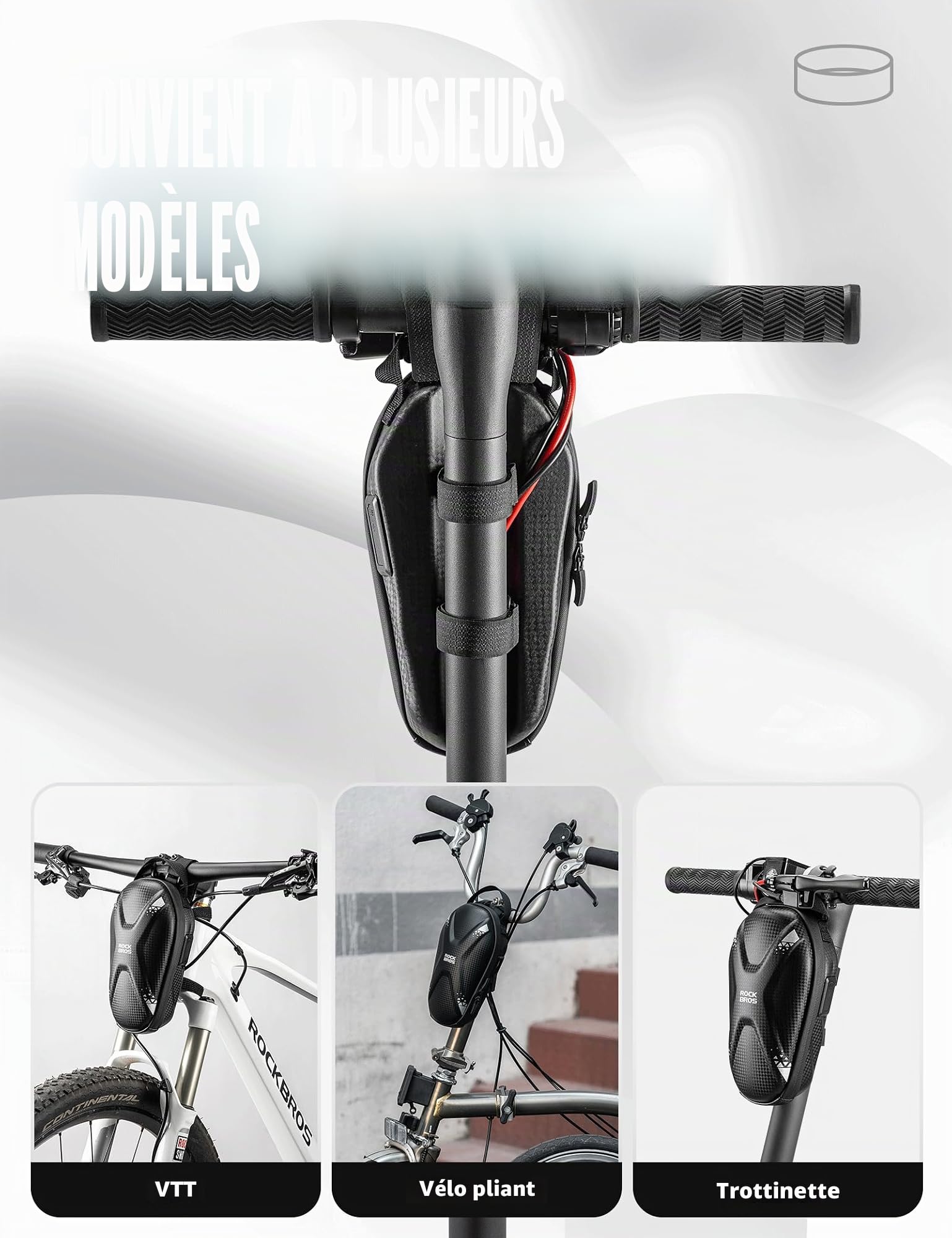 ROCKBROS Sacoche Guidon Trotinette Électrique 1,3L Sac Avant Vélo Pliant VTT Port Charge USB+Type-C Réfléchissant Coque Dure Fibre Carbone Étanche PU Compartiment Filet 4 Sangle Scratch Portable Noir