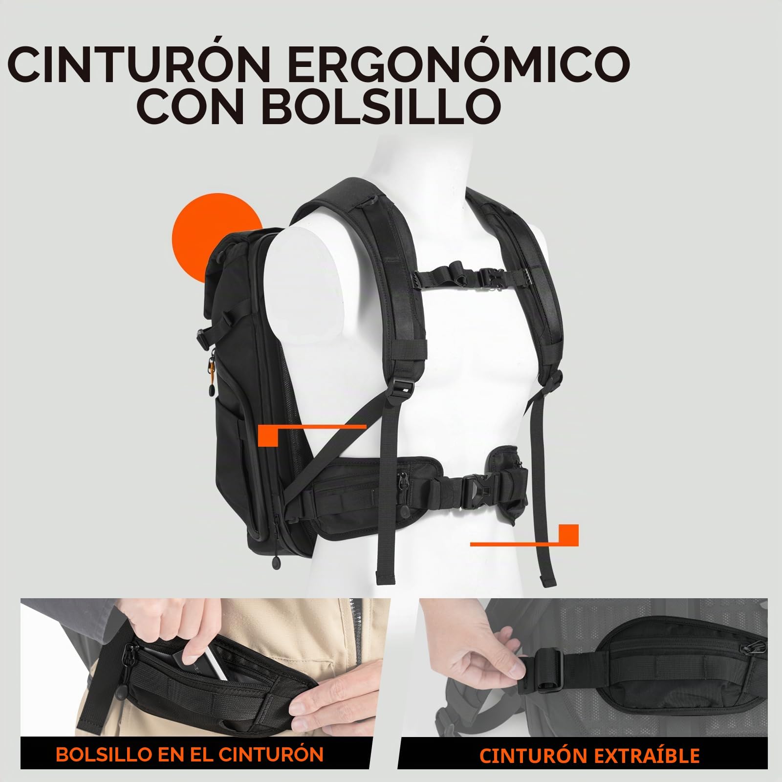 TARION Mochila Fotográfica Grande Profesional - Compartimento Portátil 16'' + Acceso Lateral/Trasero Rápido con Cubierta Impermeable y Cinturón Desmontable - Para Cámaras DSLR Thorner