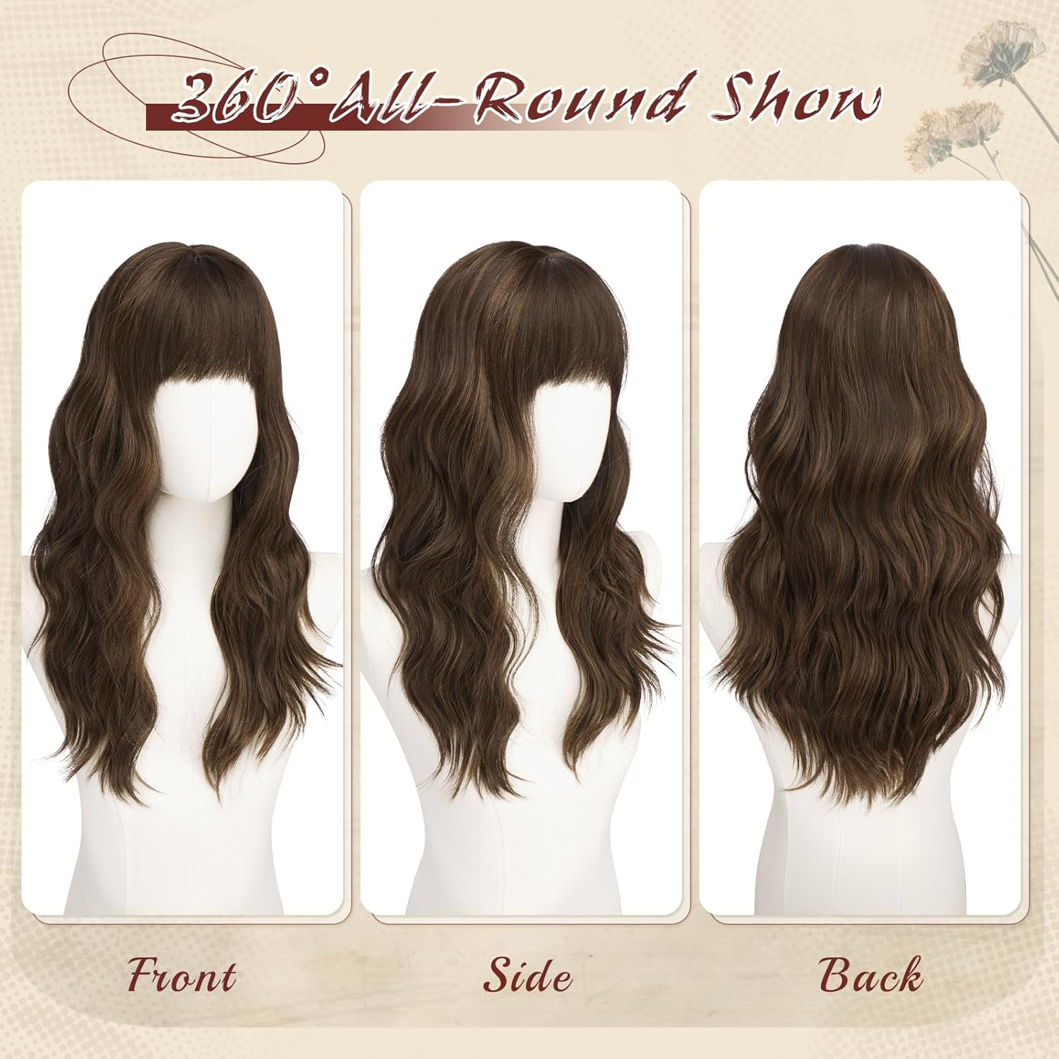 Haloo Brown Wigs with Bangs - 20 Inch Long Soft Wavy Natural Looking Synthetic Heat Resistant Hair Wig for Women Daily Party, Brown with Highlights