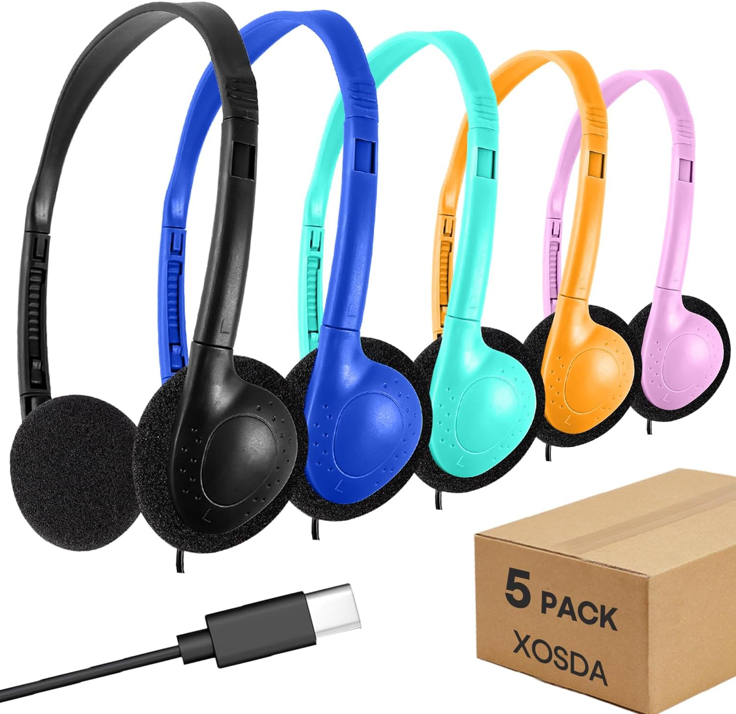 Type C Kids Headphones Bulk 5 Pack for Classroom School Students, USB C Wired Headphones Class Set for Boys Girls Adults product photo