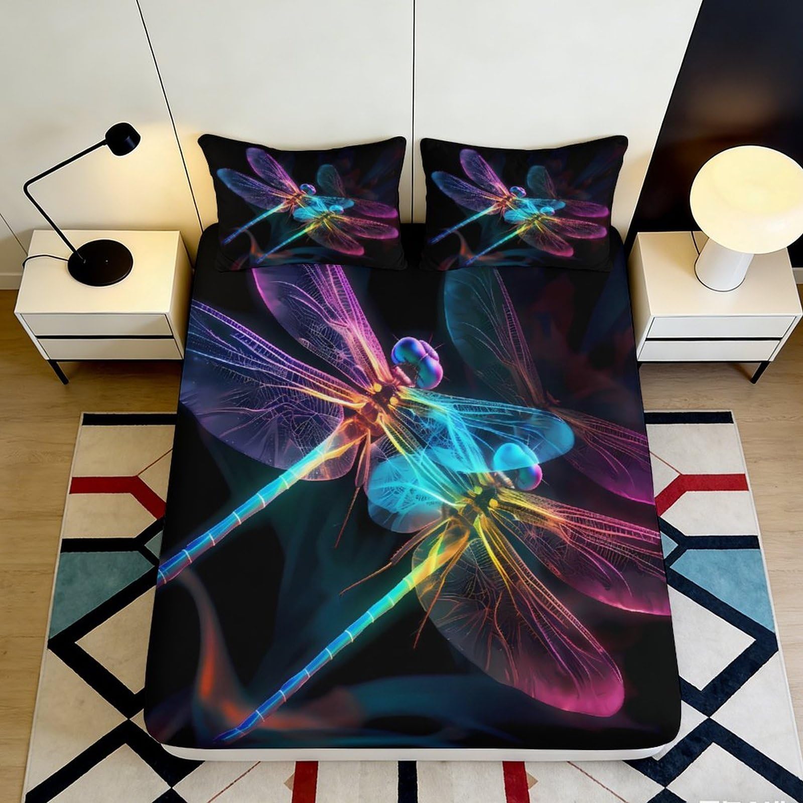 3D Printed Neon Dragonfly Fitted Sheet Microfiber Soft Mattress Cover for Bedroom Dorm Artistic Decor Easy Care 90x200x25cm