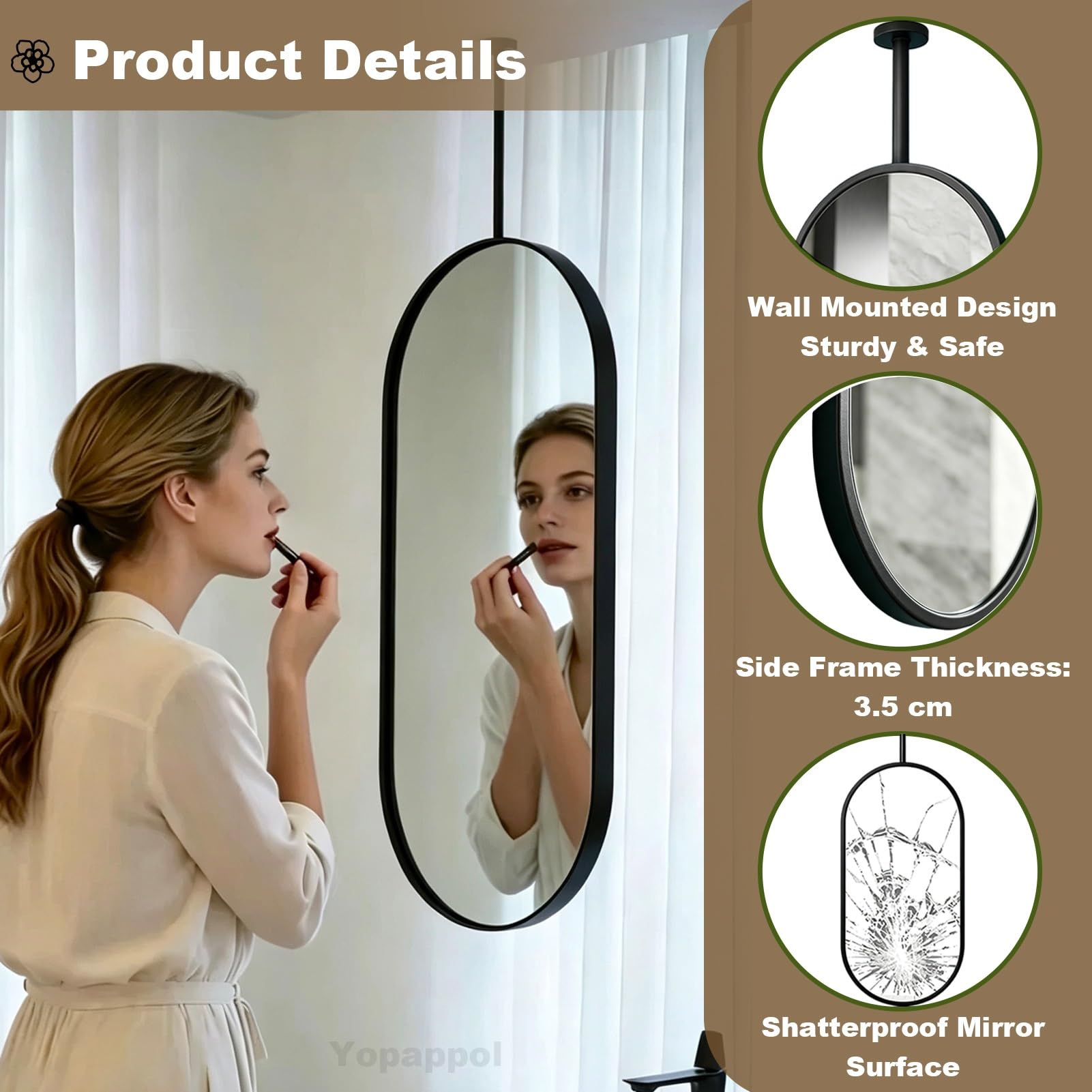Specchi Per Trucco E Trucco Per Il Bagno, Specchio Da Appendere Al Soffitto, Specchio A Parete, Cornice In Metallo Con Vetro Infrangibile HD Per Ingresso, Soggiorno, Camera Da Letto(40cmx60cm)