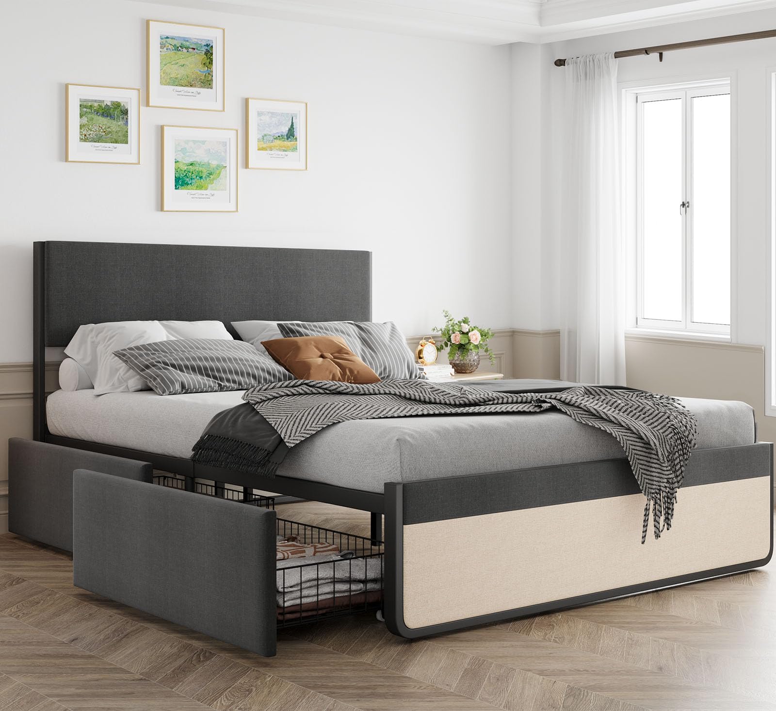 SunnyFurn Full Size Bed Frame with Headboard and 2 Storage Drawers, Mattress Foundation Platform Bed Frames with Metal Slats Support, No Box Spring