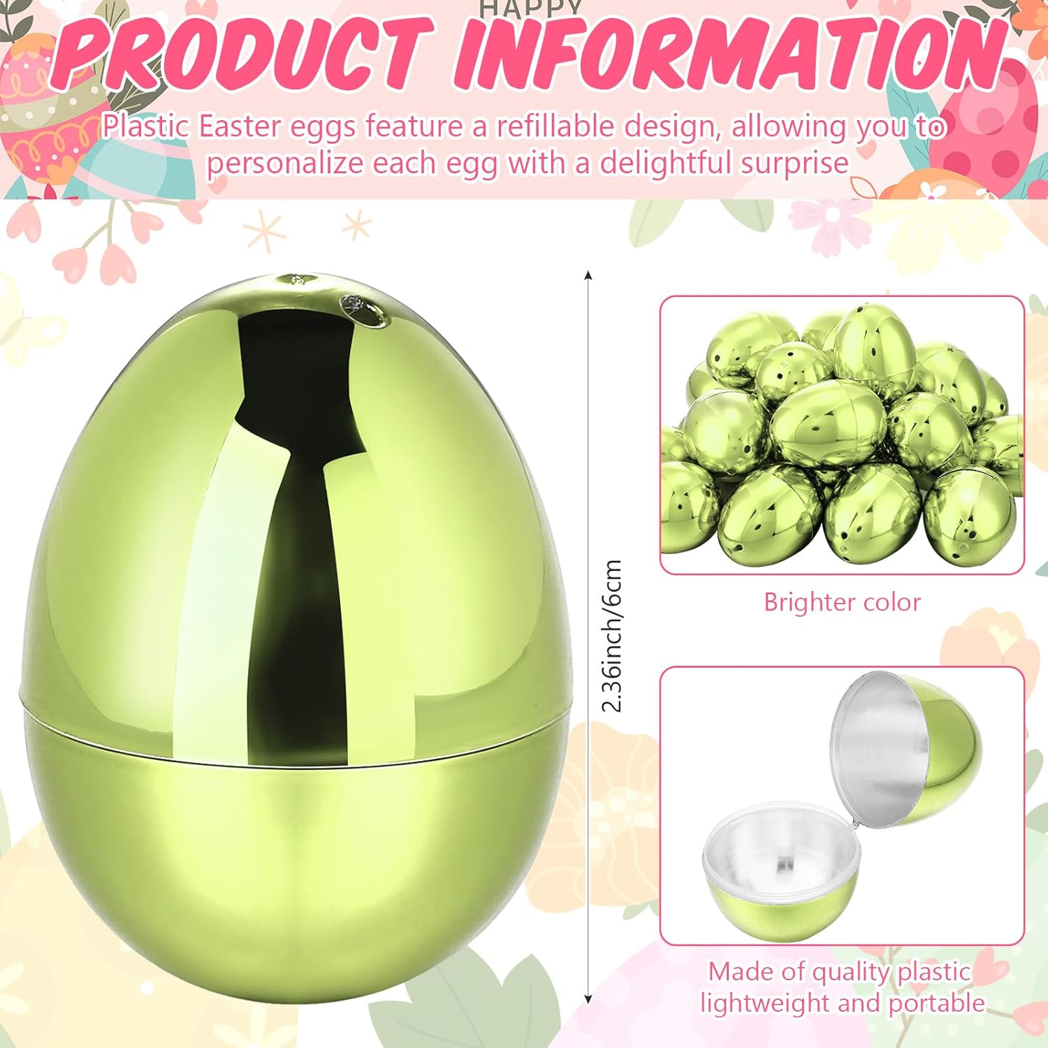 36 Pcs Fillable Easter Eggs 2.36 Inch Easter Eggs with Hinge Plastic Empty Eggs for Easter Egg Hunt Basket Stuffers Easter Theme Decorations (Light green)