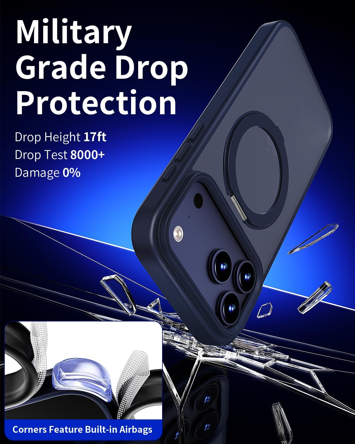for iPhone 17 Pro Max Case Ultra-Magnetic 360° Spin Stand [Military Drop Protection] [Compatible with MagSafe] Shockproof Translucent Matte Slim Ring for iPhone 17 Pro Max Phone Case, Blue