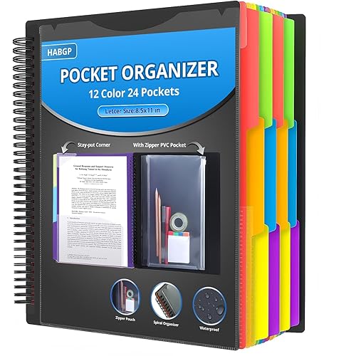 HABGP 24 Pocket Plastic folders with Pockets, 12 Colors Multi Pocket Folder Binder with Dividers, Office Organizer Folder Letter Size School Supplies